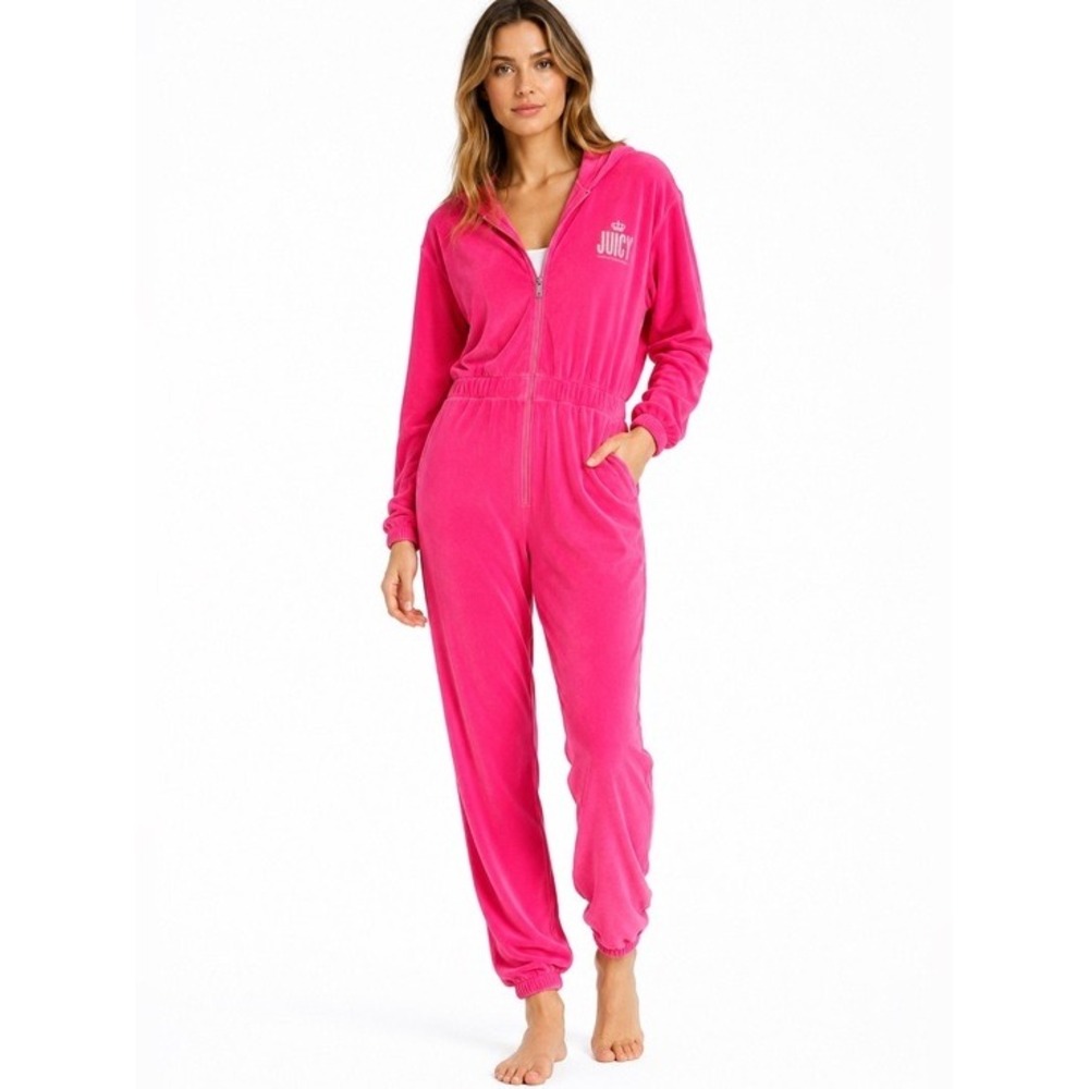 NWT Juicy Couture Velour Jumpsuit Romper Womens Medium Preppy Pink Zip Up
